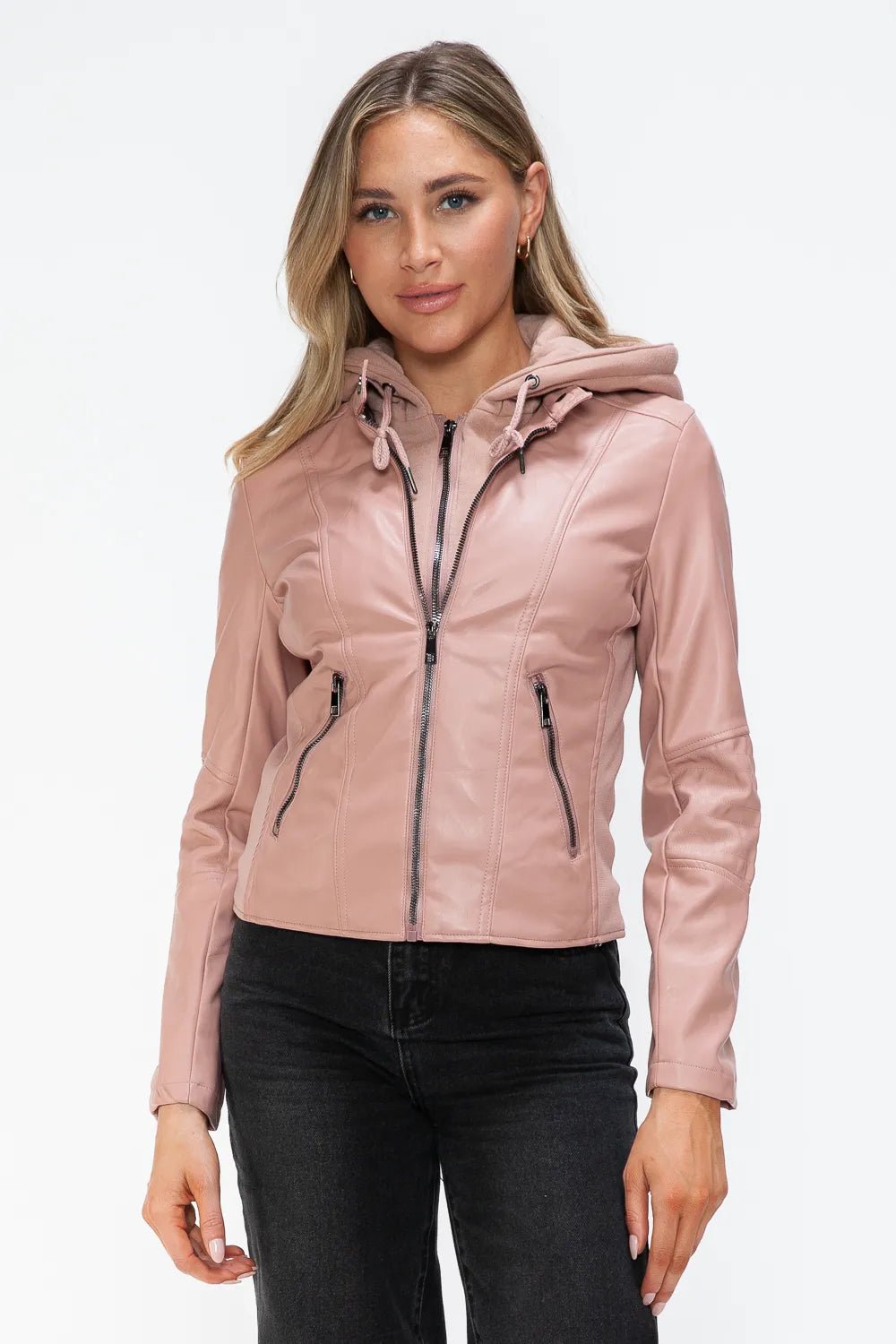 Snobbish Faux Leather Zip Up Drawstring Hooded Jacket - Cowgirltops.com