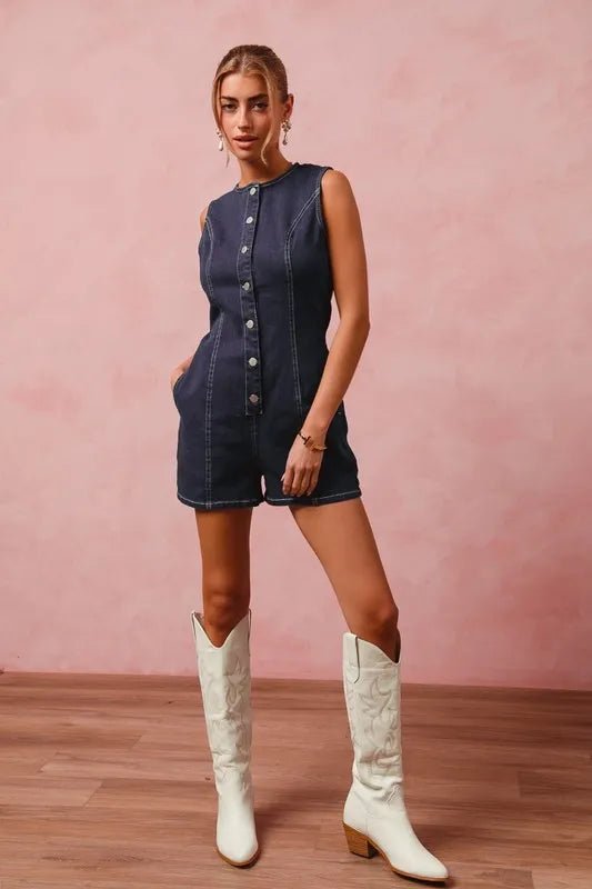SO ME Button Up Front Washed Denim Sleeveless Romper - Cowgirltops.com