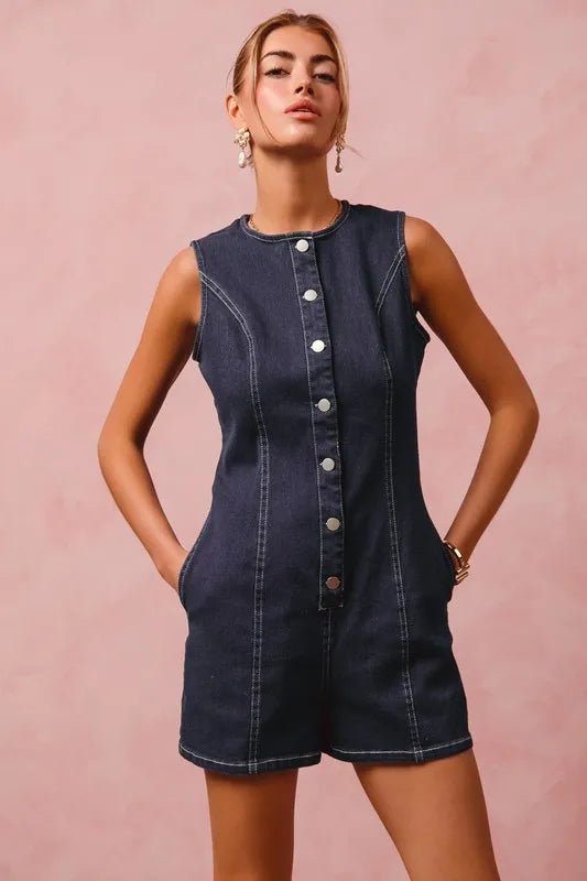 SO ME Button Up Front Washed Denim Sleeveless Romper - Cowgirltops.com