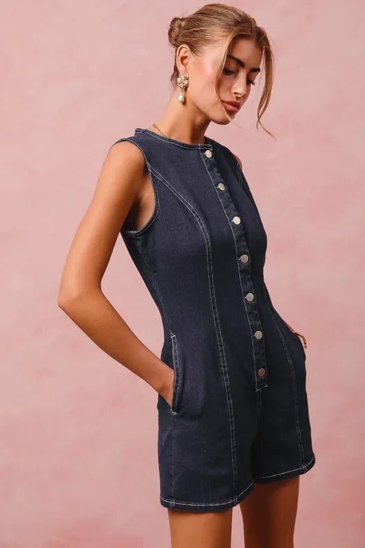SO ME Button Up Front Washed Denim Sleeveless Romper - Cowgirltops.com