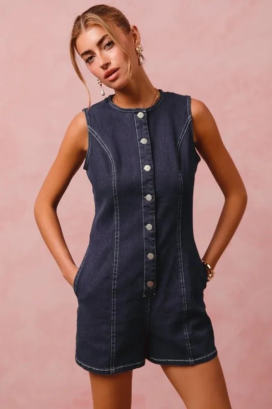 SO ME Button Up Front Washed Denim Sleeveless Romper - Cowgirltops.com