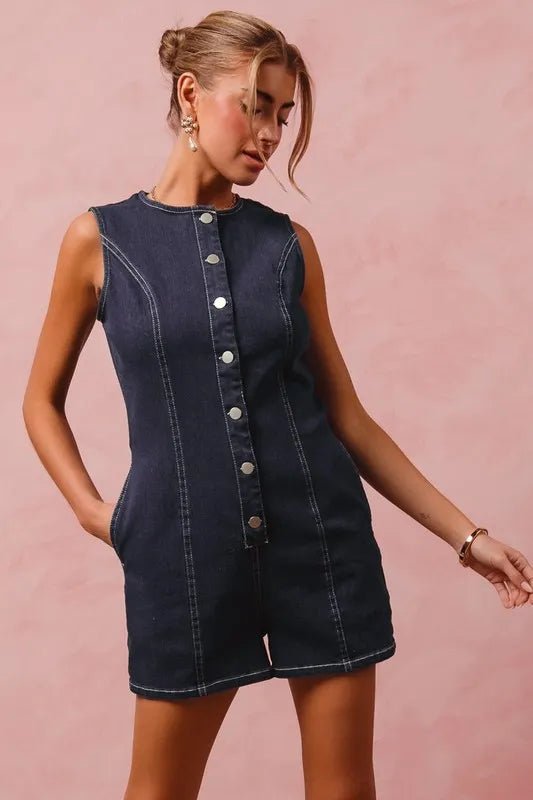 SO ME Button Up Front Washed Denim Sleeveless Romper - Cowgirltops.com