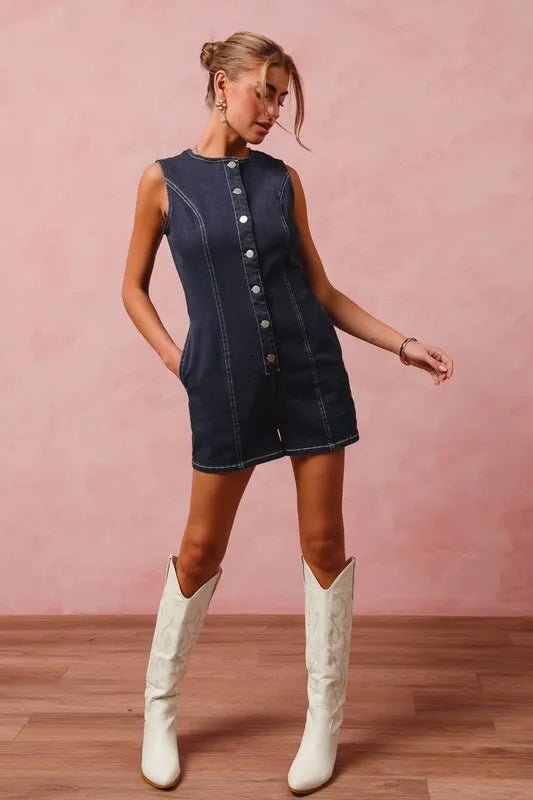SO ME Button Up Front Washed Denim Sleeveless Romper - Cowgirltops.com