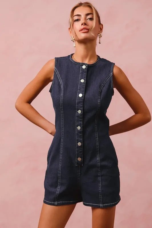 SO ME Button Up Front Washed Denim Sleeveless Romper - Cowgirltops.com