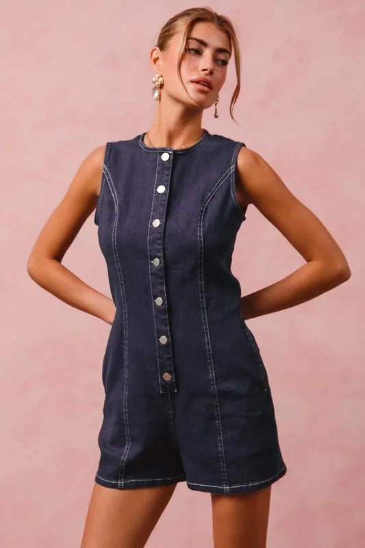SO ME Button Up Front Washed Denim Sleeveless Romper - Cowgirltops.com