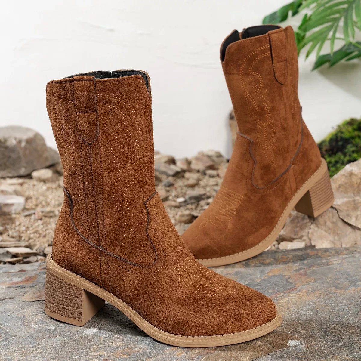 Suede Block Heel Western Boots - Cowgirltops.com