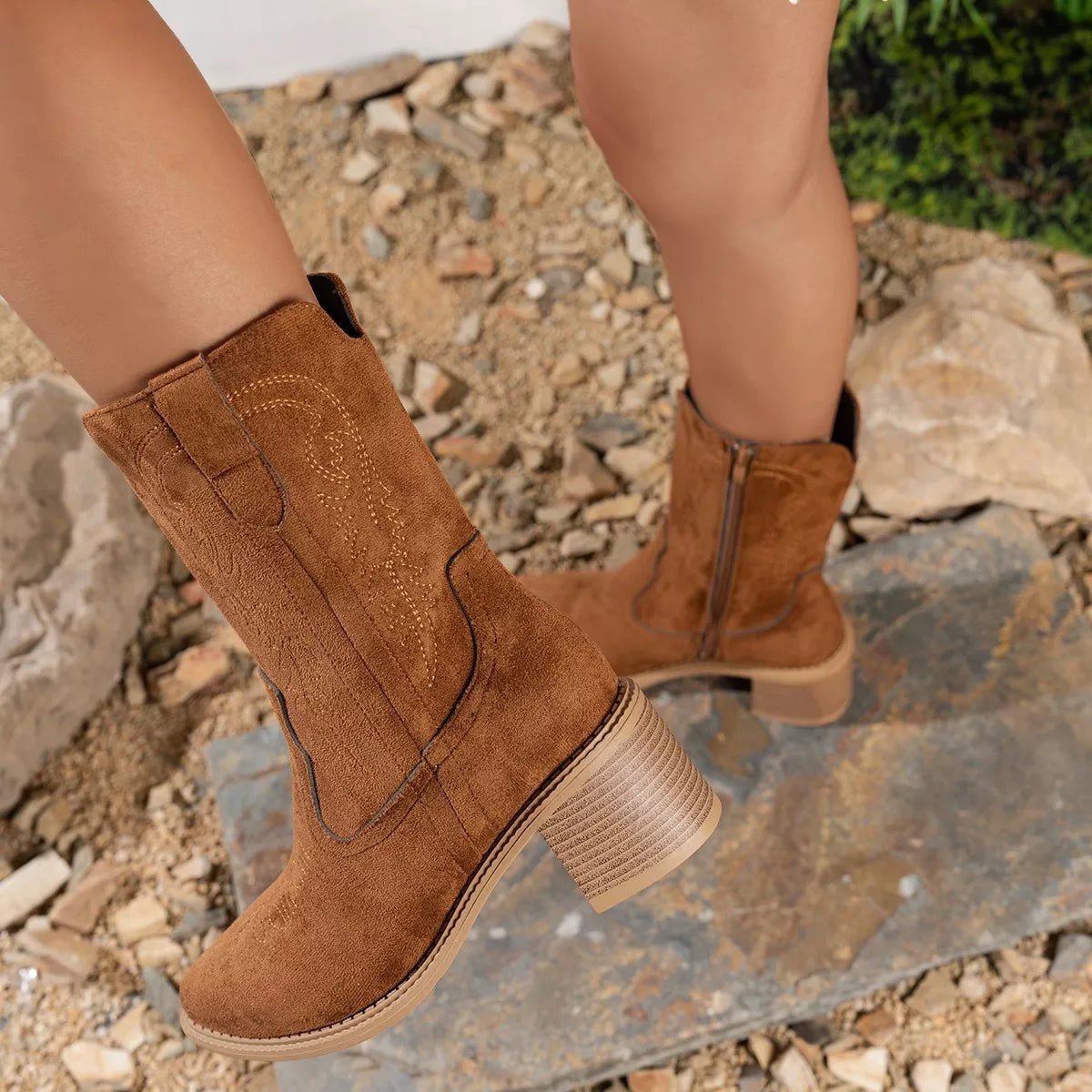 Suede Block Heel Western Boots - Cowgirltops.com