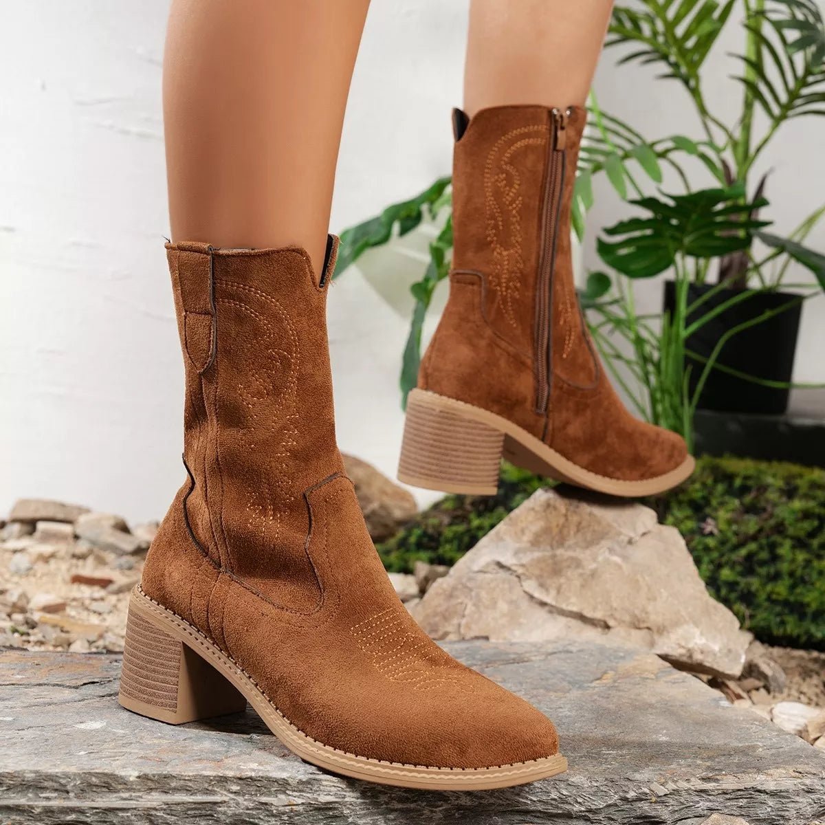 Suede Block Heel Western Boots - Cowgirltops.com