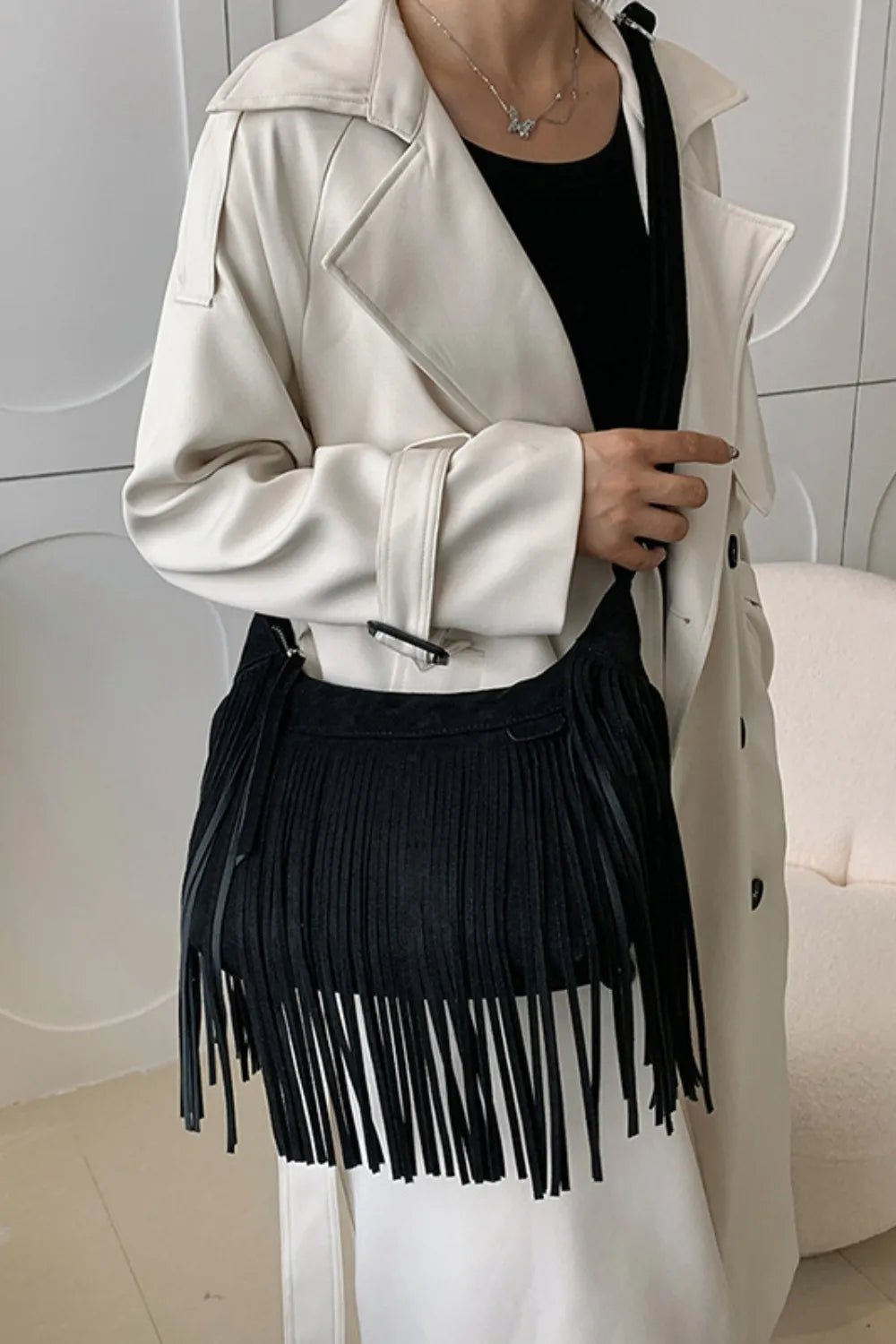 Suede Fringe Adjustable Strap Shoulder Bag - Cowgirltops.com