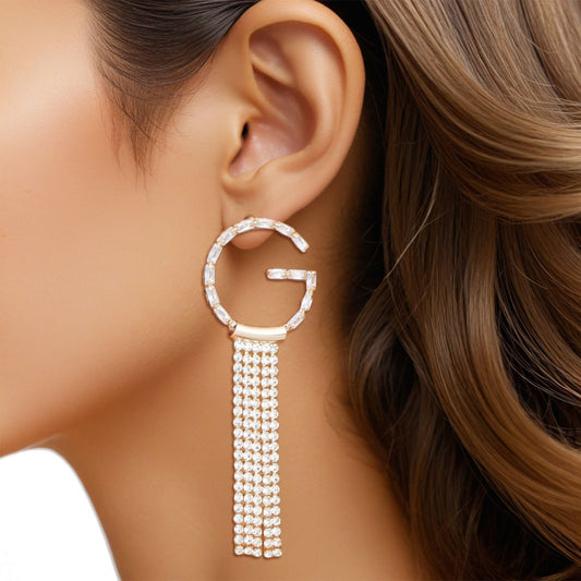 Tassel Gold G Rhinestone Fringe Earrings Women - Cowgirltops.com