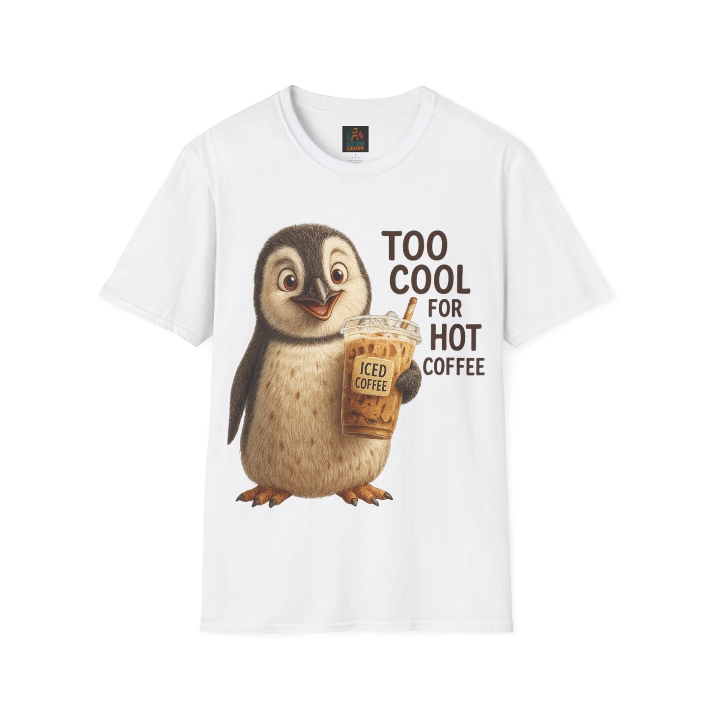 Too Cool for Hot Coffee, Penguin Unisex T-shirt - Cowgirltops.com