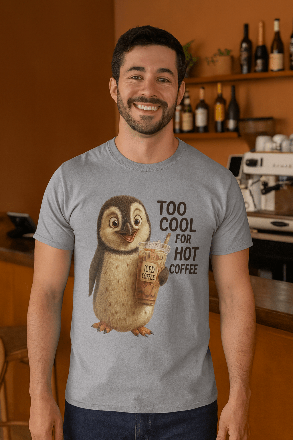 Too Cool for Hot Coffee, Penguin Unisex T-shirt - Cowgirltops.com
