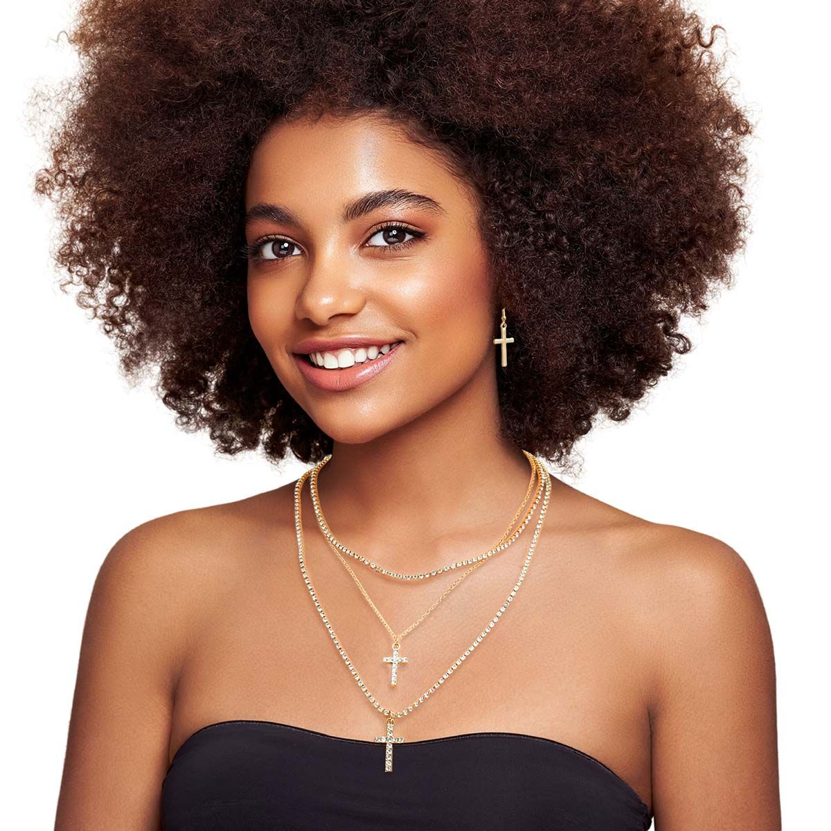 Triple Layer Gold Rhinestone Cross Necklaces - Cowgirltops.com