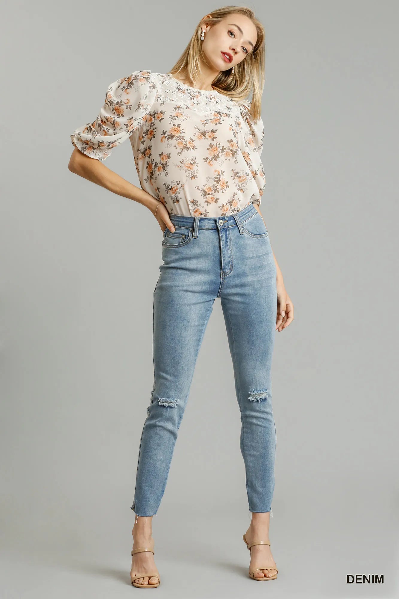 Umgee 5 - Pockets Distressed Detail Stretch Denim Skinny Jeans with Unfinished Hem - Cowgirltops.com