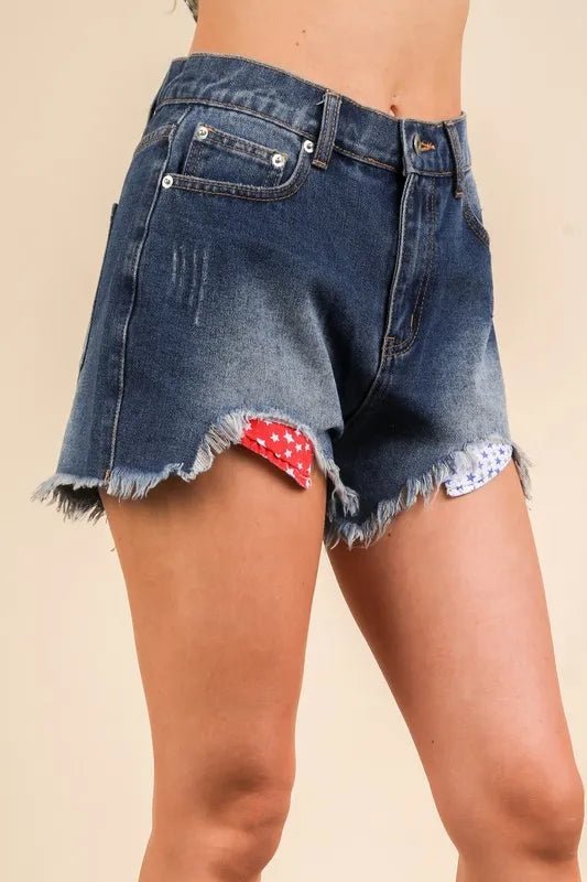 VERY J Raw Hem Pocketed Contrast Washed Denim Shorts - Cowgirltops.com