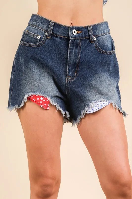VERY J Raw Hem Pocketed Contrast Washed Denim Shorts - Cowgirltops.com