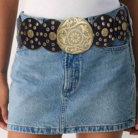Western Belt Black Circular and Gold Cowboy Chic - Cowgirltops.com