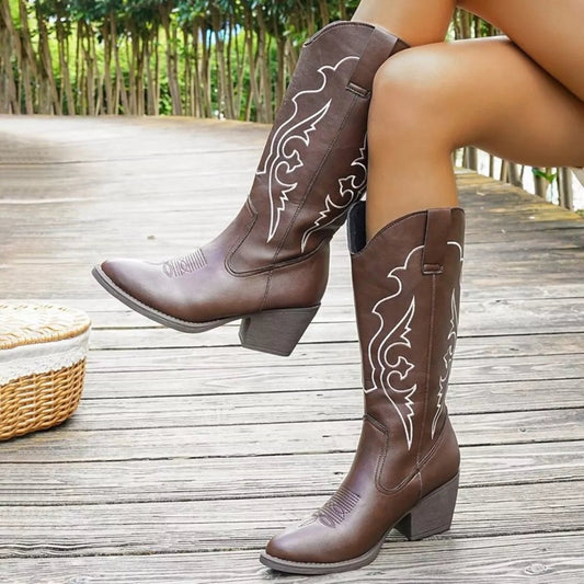 Western Embroidered Mid - Calf Boots - Cowgirltops.com