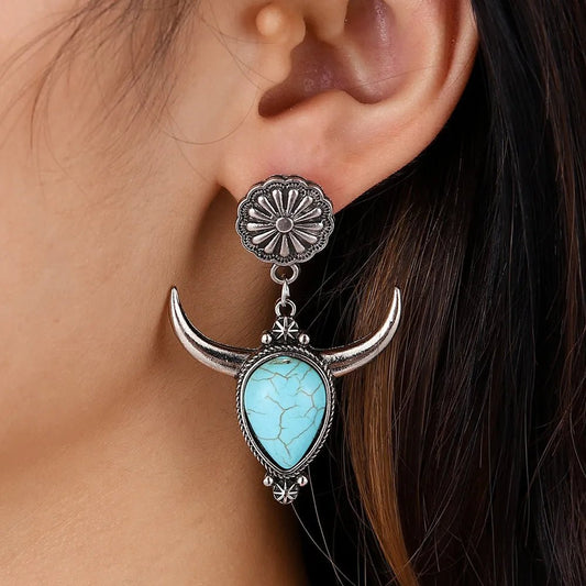 Western Turquoise Bull Horn Drop Earrings - Cowgirltops.com