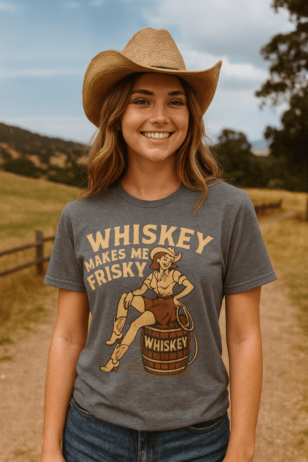 Whiskey Makes Me Frisky Womens T-Shirt - Cowgirltops.com